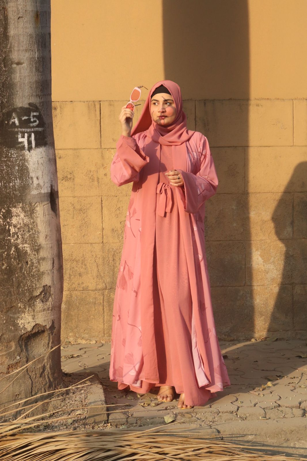 Dahlia Shrug Abaya Full Set – Pink (With Inner Slit, Belt & Matching Hijab)