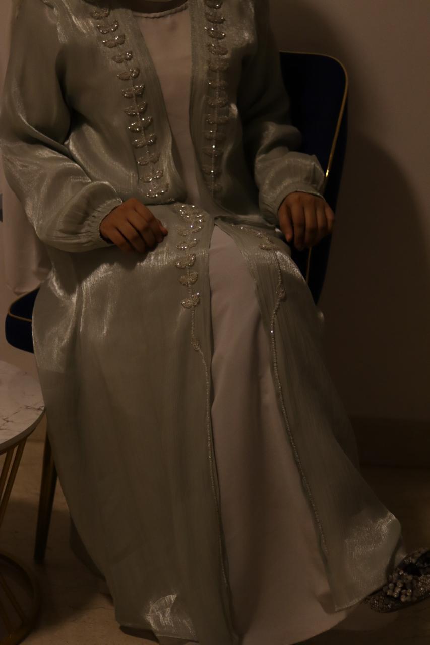 Hoor Tissue Abaya Premium Full Set -Green (with Full Sleeves Inner Slit & Hijab)