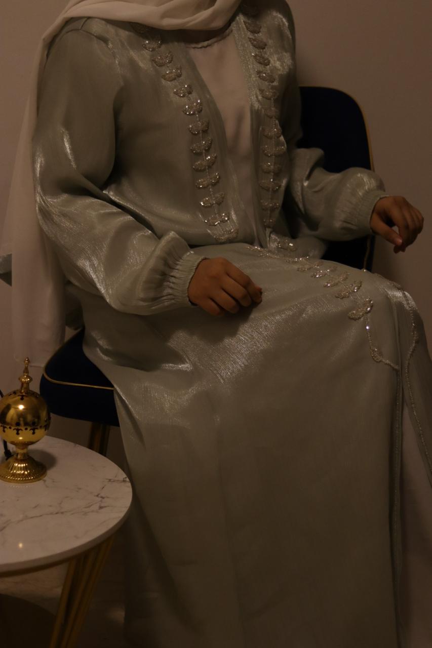 Hoor Tissue Abaya Premium Full Set -Green (with Full Sleeves Inner Slit & Hijab)