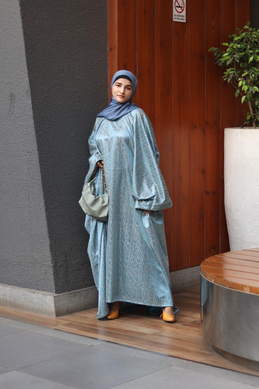 jasmine Abaya with Attached Inner Belt -Teal and gold (Hijab not included)