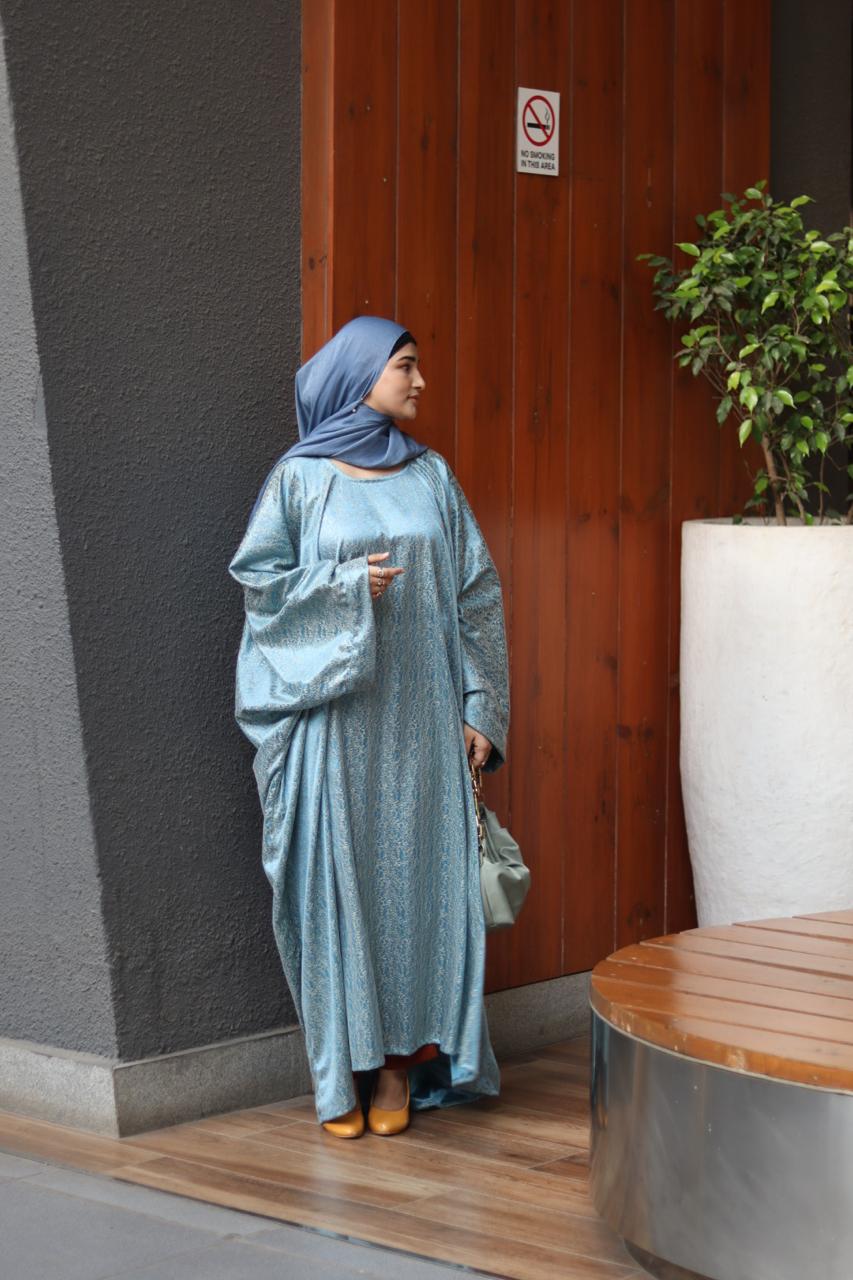 jasmine Abaya with Attached Inner Belt -Teal and gold (Hijab not included)