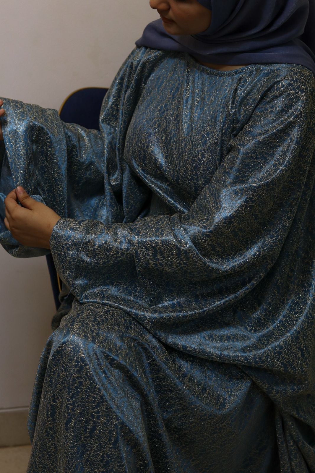 jasmine Abaya with Attached Inner Belt -Teal and gold (Hijab not included)