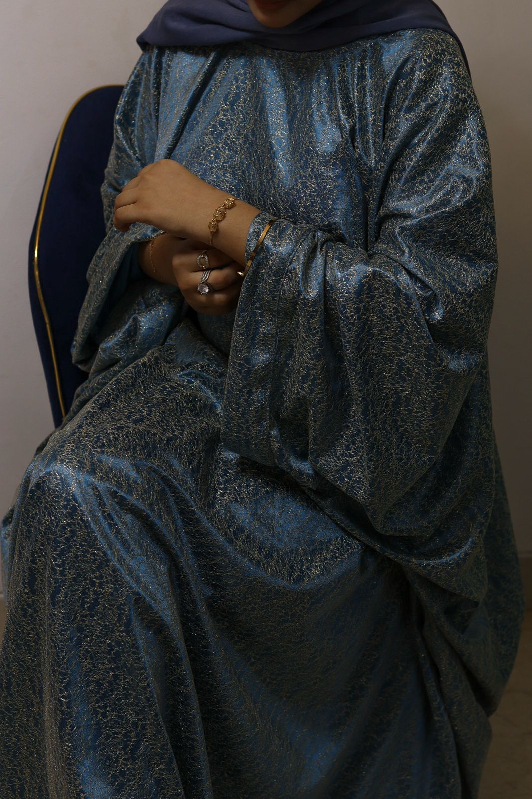 jasmine Abaya with Attached Inner Belt -Teal and gold (Hijab not included)