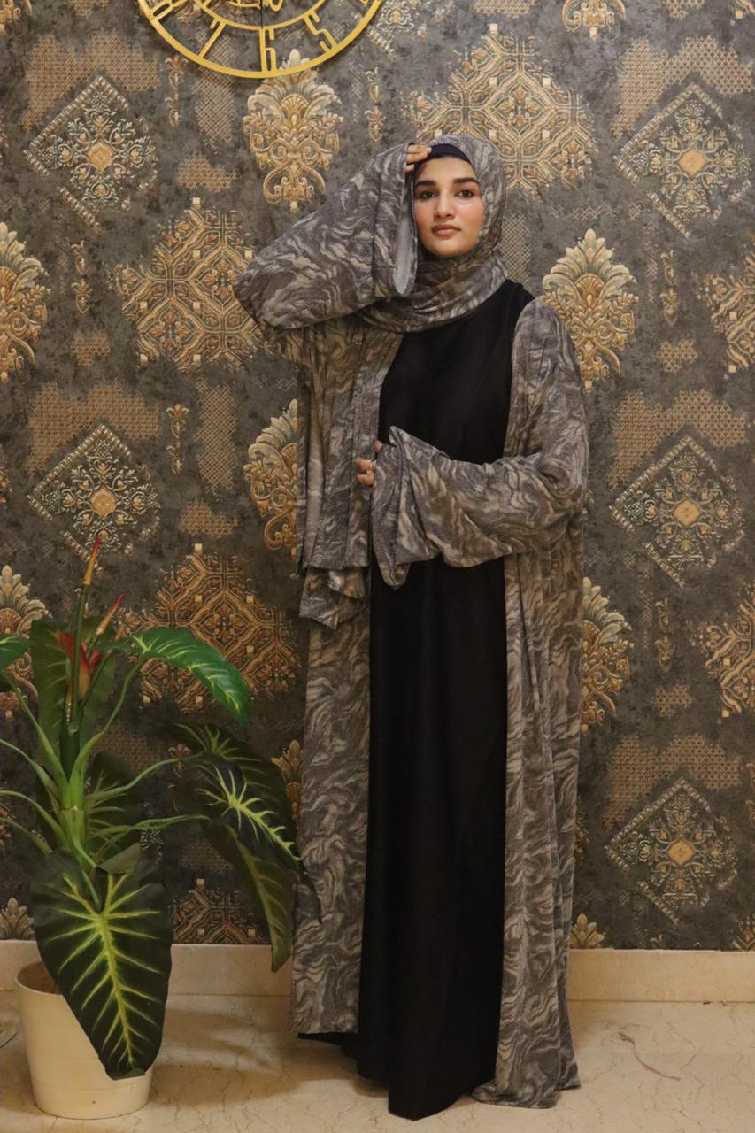 shimmery Marble 3pc abaya set - Grey (with inner slit & matching hijab)