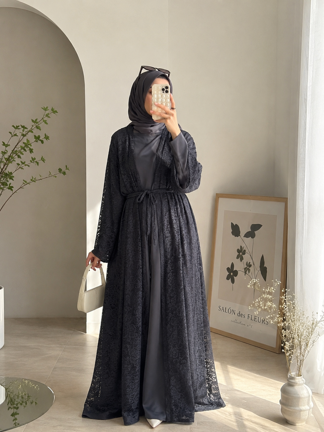 Black Net abaya full set with inner slit & hijab