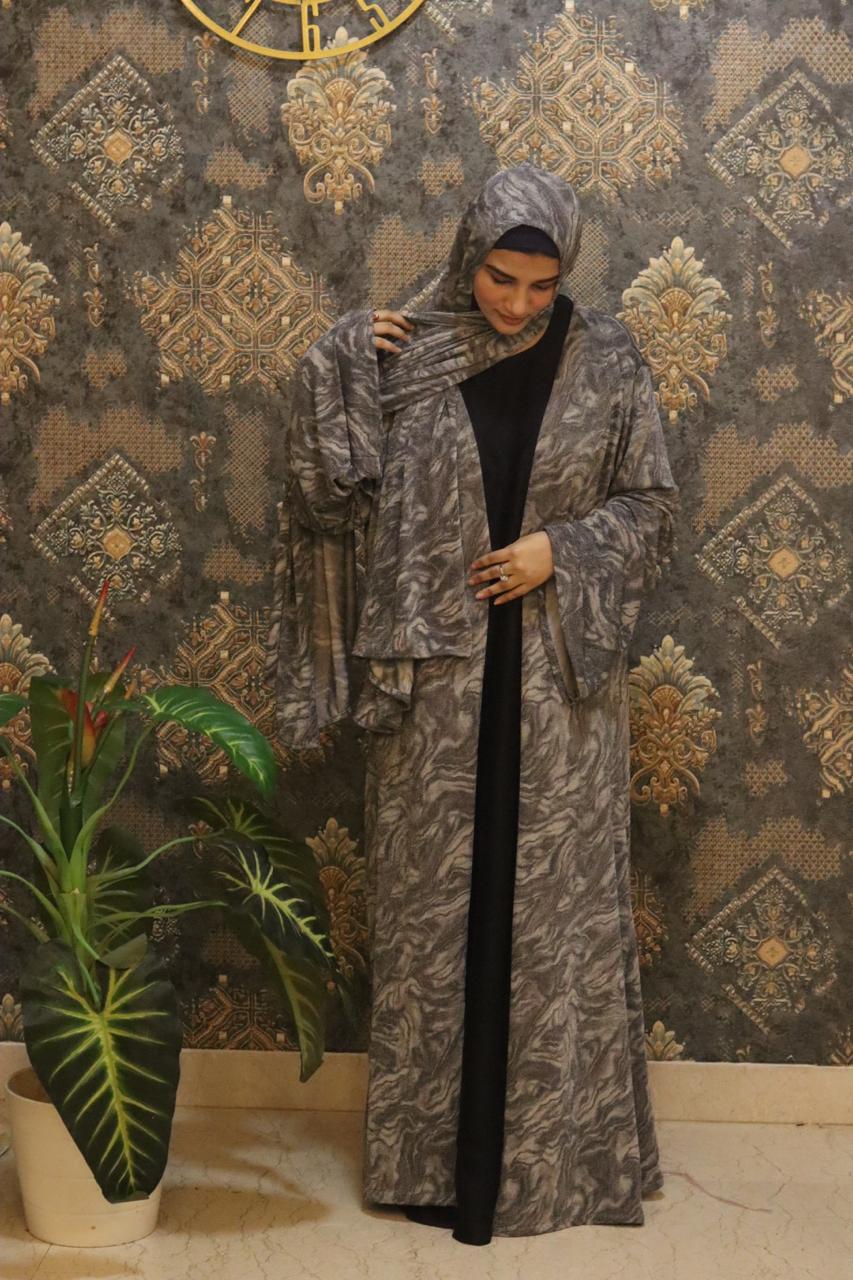 shimmery Marble 3pc abaya set - Grey (with inner slit & matching hijab)