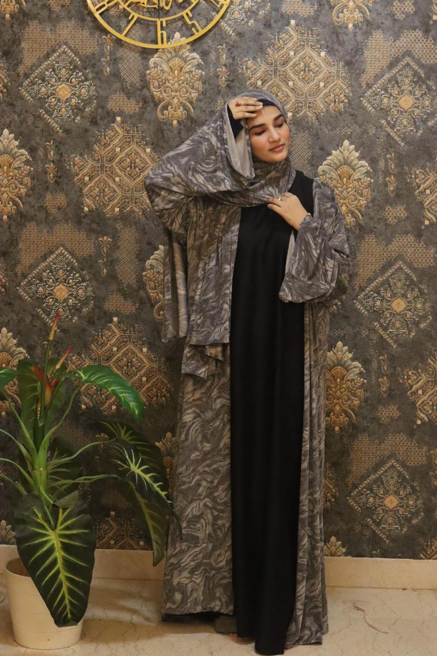 shimmery Marble 3pc abaya set - Grey (with inner slit & matching hijab)