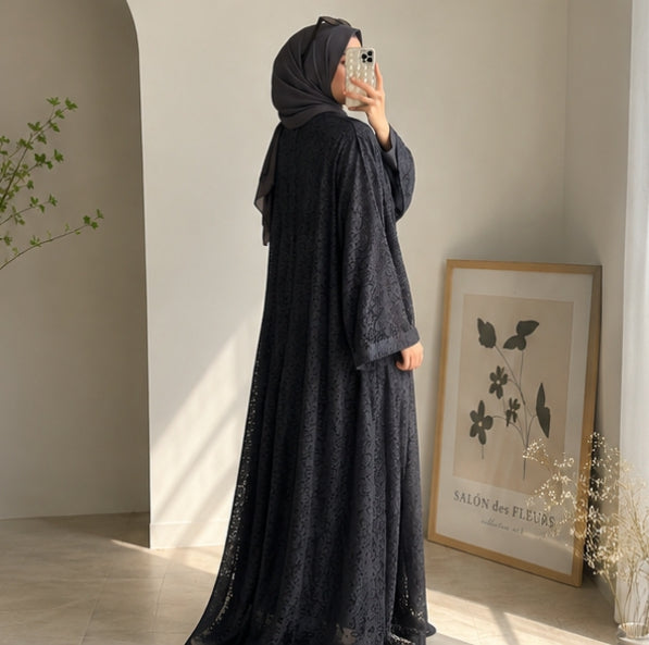 Black Net abaya full set with inner slit & hijab
