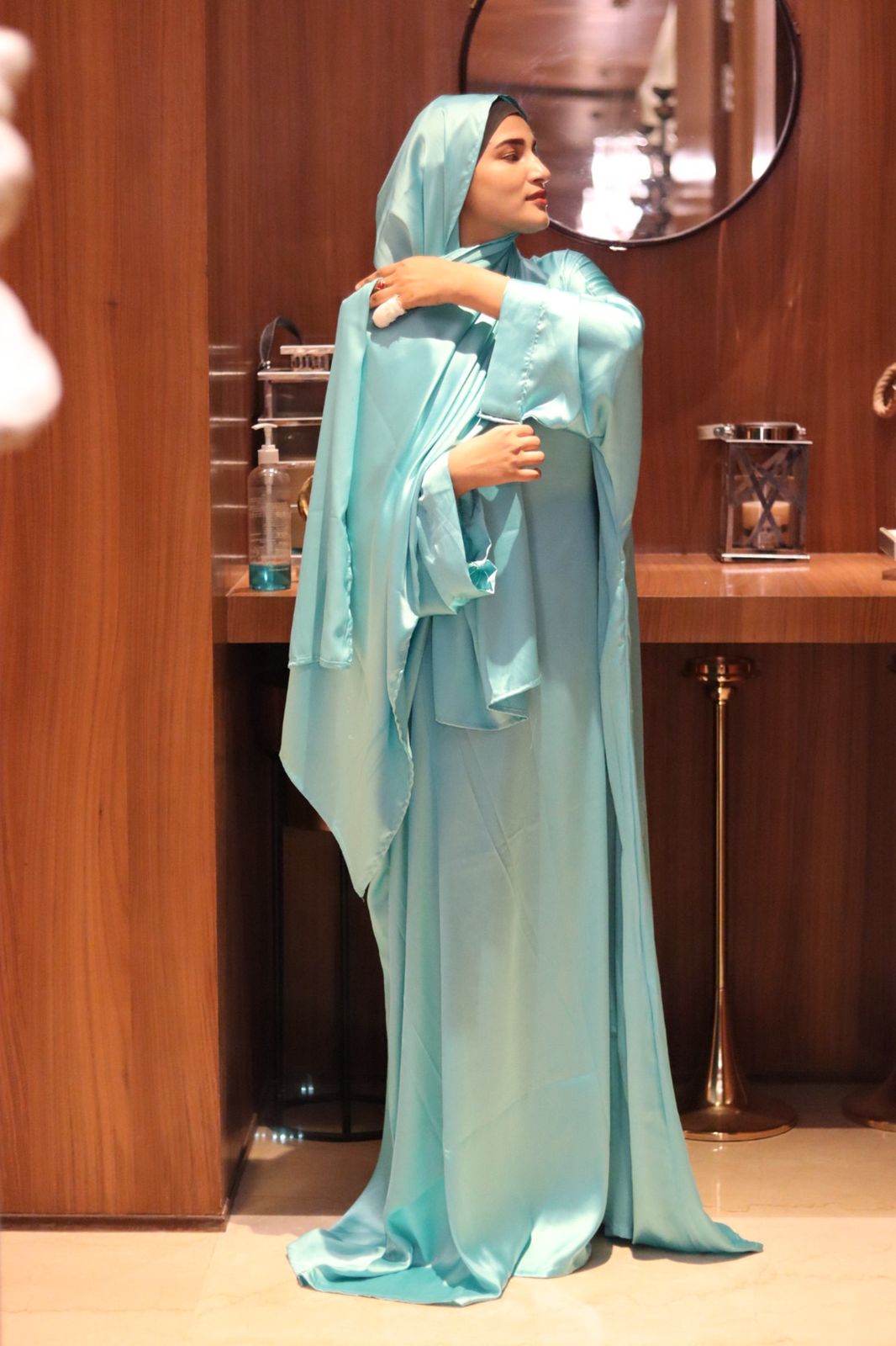 Malika Butterfly Abaya with Attached Inner Belt & matching hijab - teal