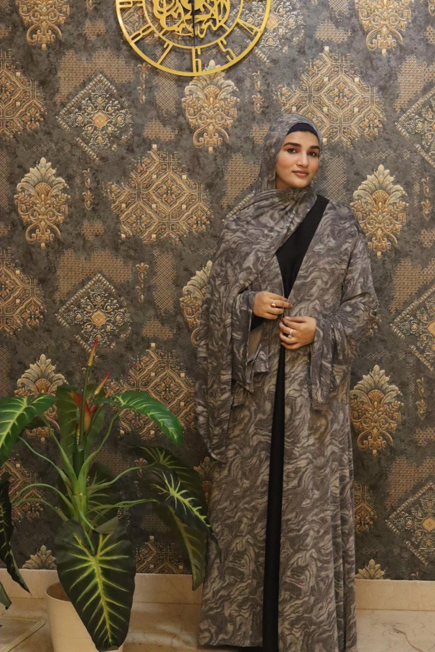 shimmery Marble 3pc abaya set - Grey (with inner slit & matching hijab)