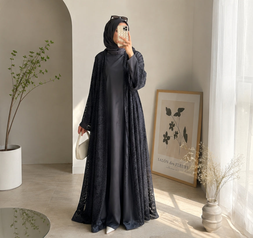 Black Net abaya full set with inner slit & hijab