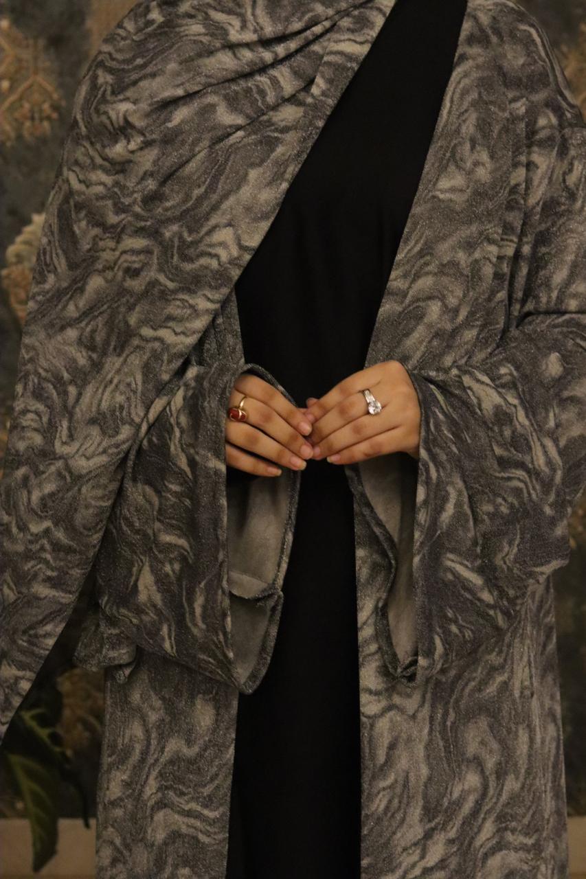 shimmery Marble 3pc abaya set - Grey (with inner slit & matching hijab)