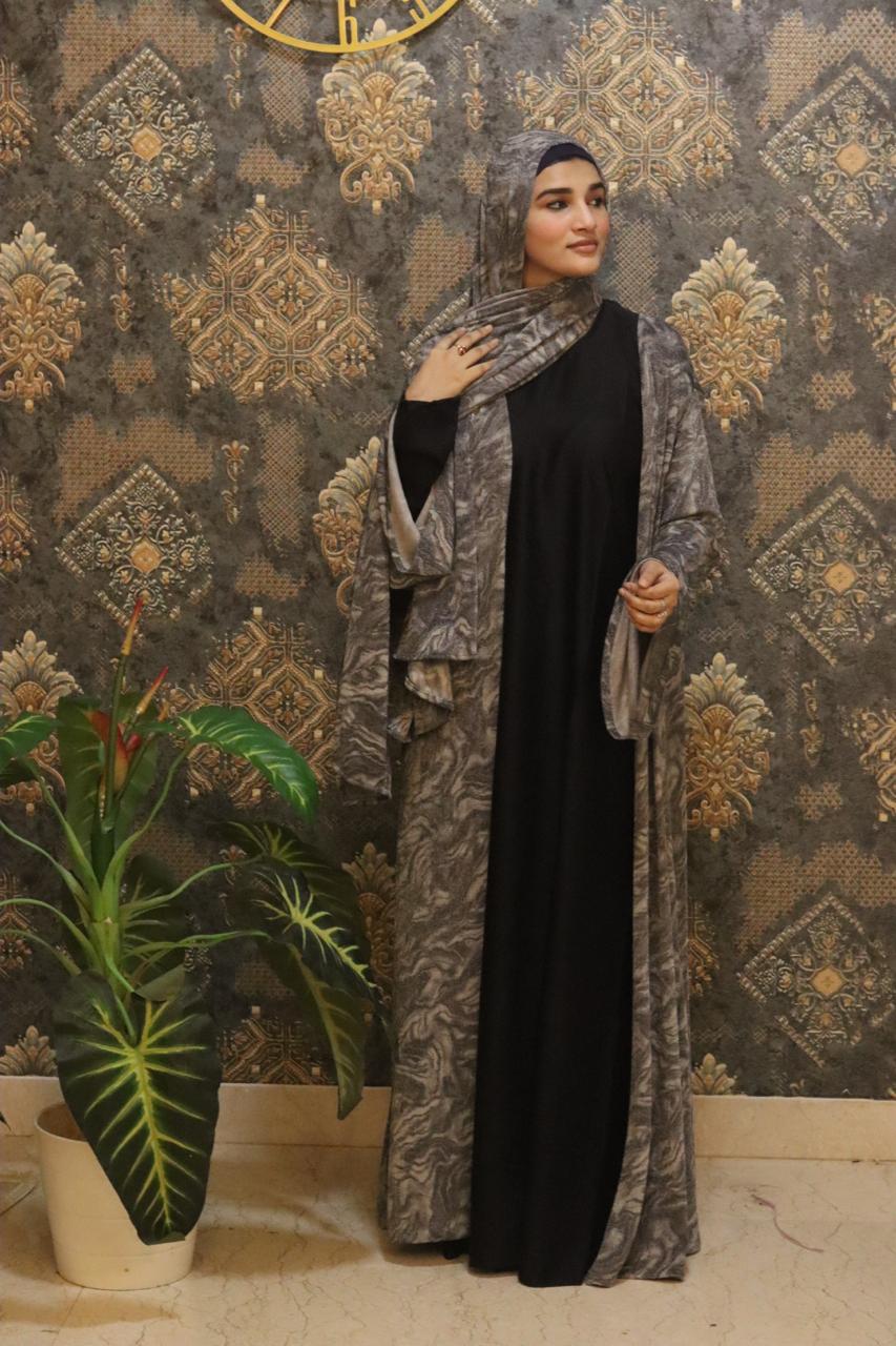 shimmery Marble 3pc abaya set - Grey (with inner slit & matching hijab)